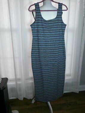 LEILANI Dress Maxi 100% Cotton Blue, Black & White Striped NWOT L